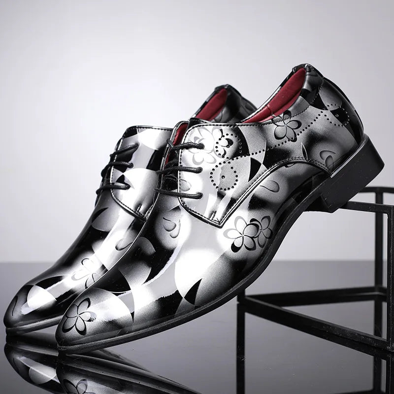 movechain Vintage Design Men's Fashion Print Plus size Patent leather Business Dress Shoes Mens Casual Lace-up Flats Sizes 38-48