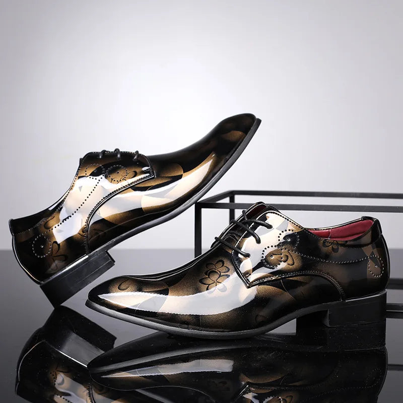 movechain Vintage Design Men's Fashion Print Plus size Patent leather Business Dress Shoes Mens Casual Lace-up Flats Sizes 38-48