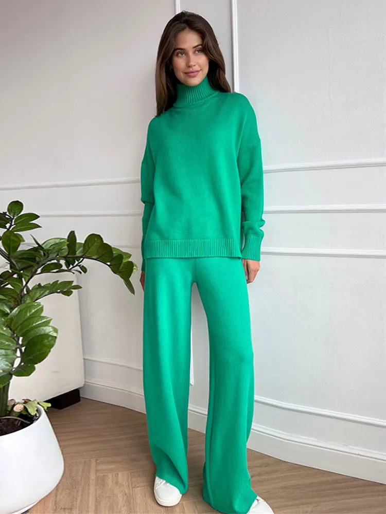 Autumn Women Turtleneck Knitted Sweater Set Casual Solid Sweater High Waist Wide Leg Pant Suit 2022 Fashion Lady Knitwear Outfit