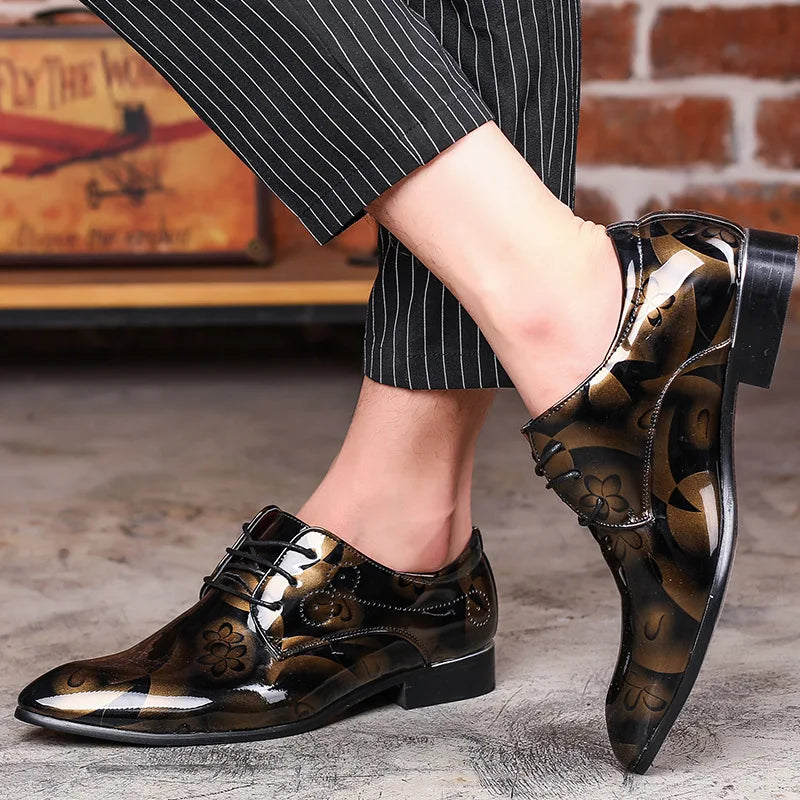 movechain Vintage Design Men's Fashion Print Plus size Patent leather Business Dress Shoes Mens Casual Lace-up Flats Sizes 38-48