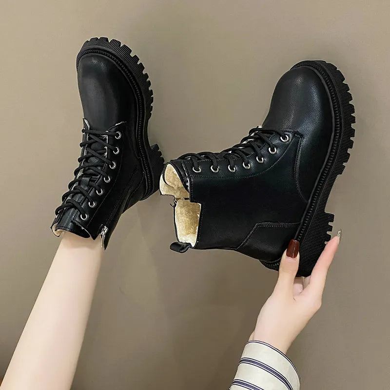 Winter Thicken Plush Ankle Boots Women 2023 New Warm Pu Leather Snow Boots Woman Black Winter Lace-Up Flat Heels Cotton Shoes