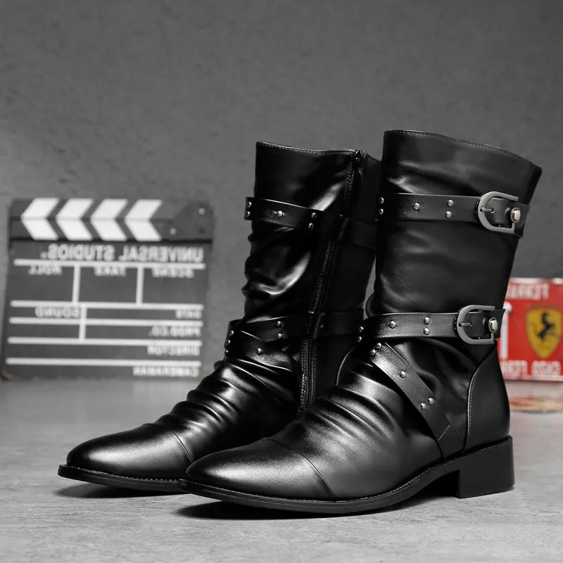 Men's Leather Boots High Quality Biker Boots Black Punk Rock Shoes Men's Women's Tall Boots Size 38--48