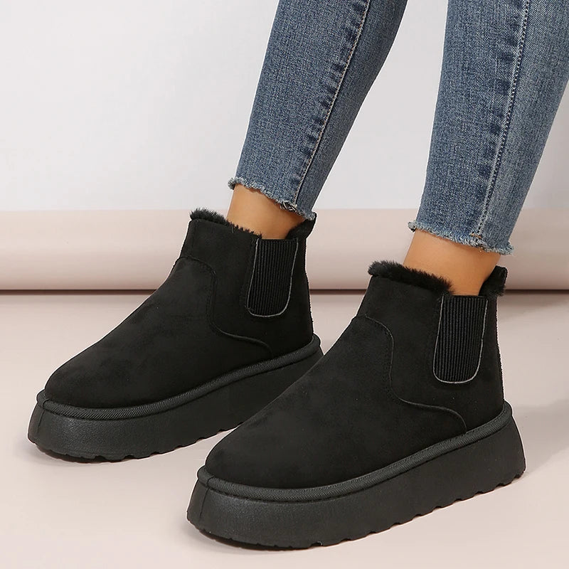 New Faux Suede Winter Ankle Boots Women Keep Warm Faux Fur Platform Snow Boots Woman Thicken Plush Chelsea Booties Cotton Shoes