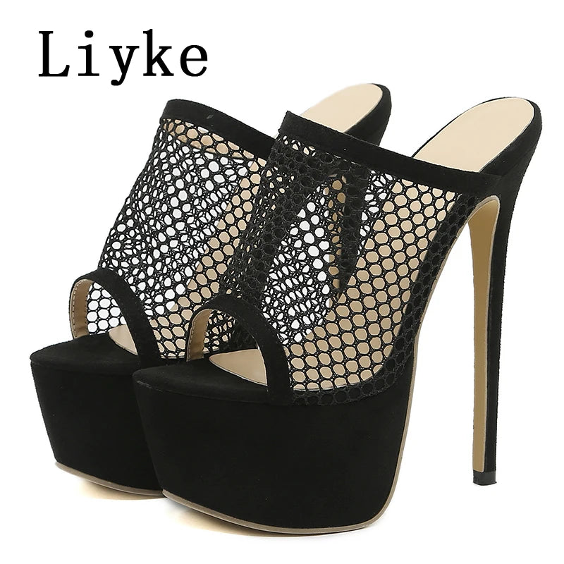 Liyke Size 35-42 Platform Slippers For Women Fashion Breathable Mesh Peep Toe Extreme High Heels Sandals Summer Shoes Lady Pumps
