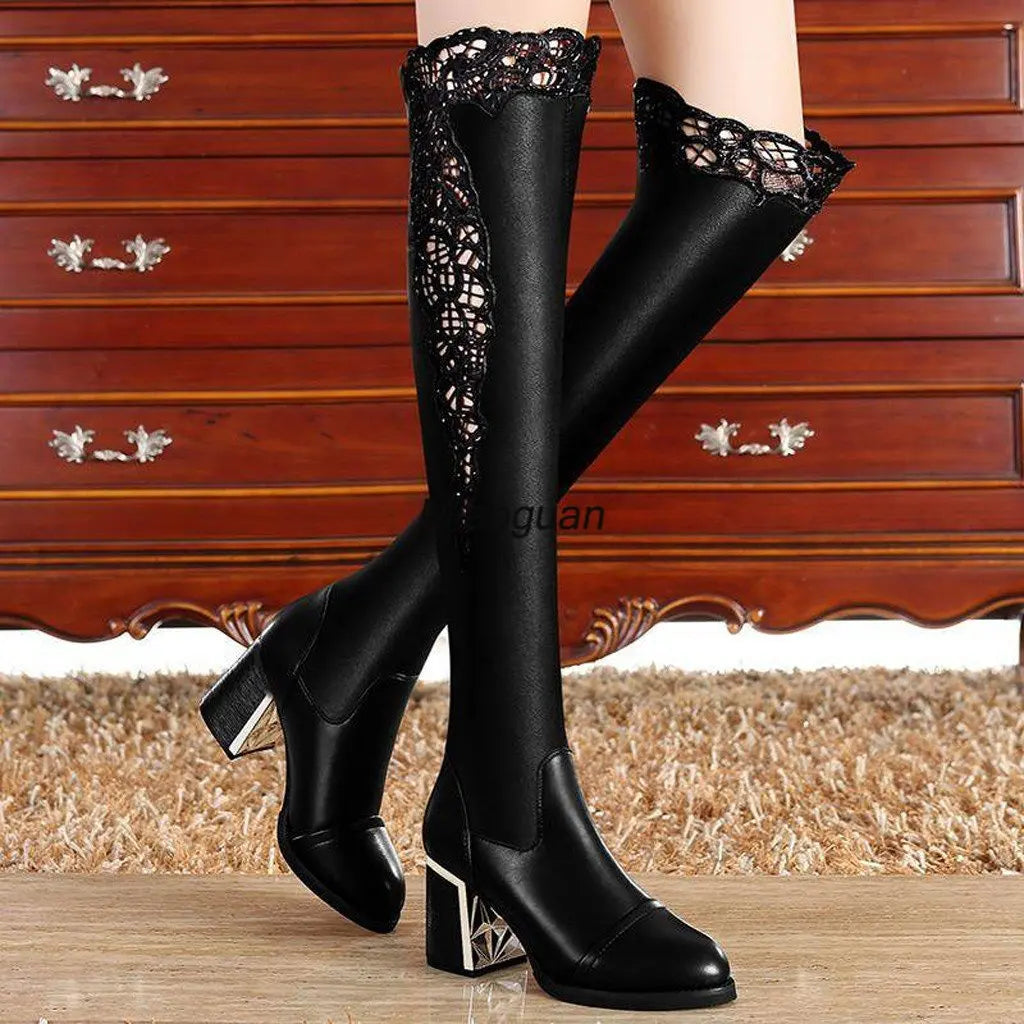 Women Embroidered Lace Knee Bare Boots Square High Heel Casual Long Tube Booties Lady Sexy Over Knee Thigh High Shoes Autumn New