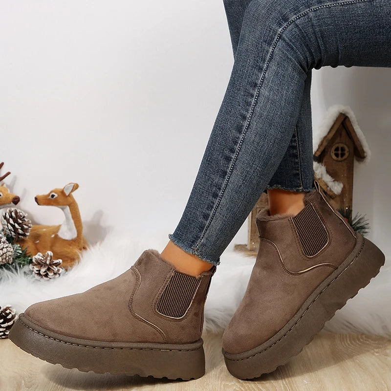 New Faux Suede Winter Ankle Boots Women Keep Warm Faux Fur Platform Snow Boots Woman Thicken Plush Chelsea Booties Cotton Shoes
