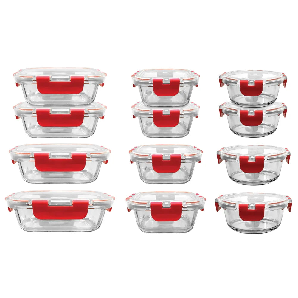 NutriChef 24 Piece Superior Glass Food Storage Set, Locking Hinge Red Lids food storage containers  containers for kitchen