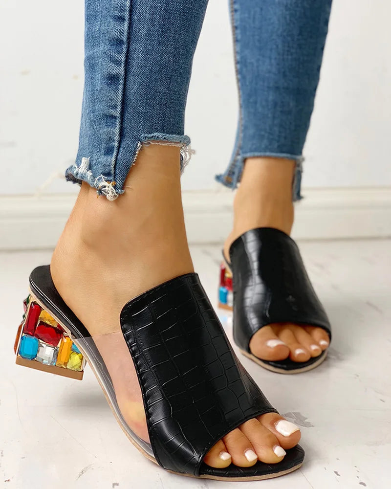 Women Fashion Casual Shoes Low Heel Sandals Colorblock Croc Embossed Rhinestone Chunky Heels