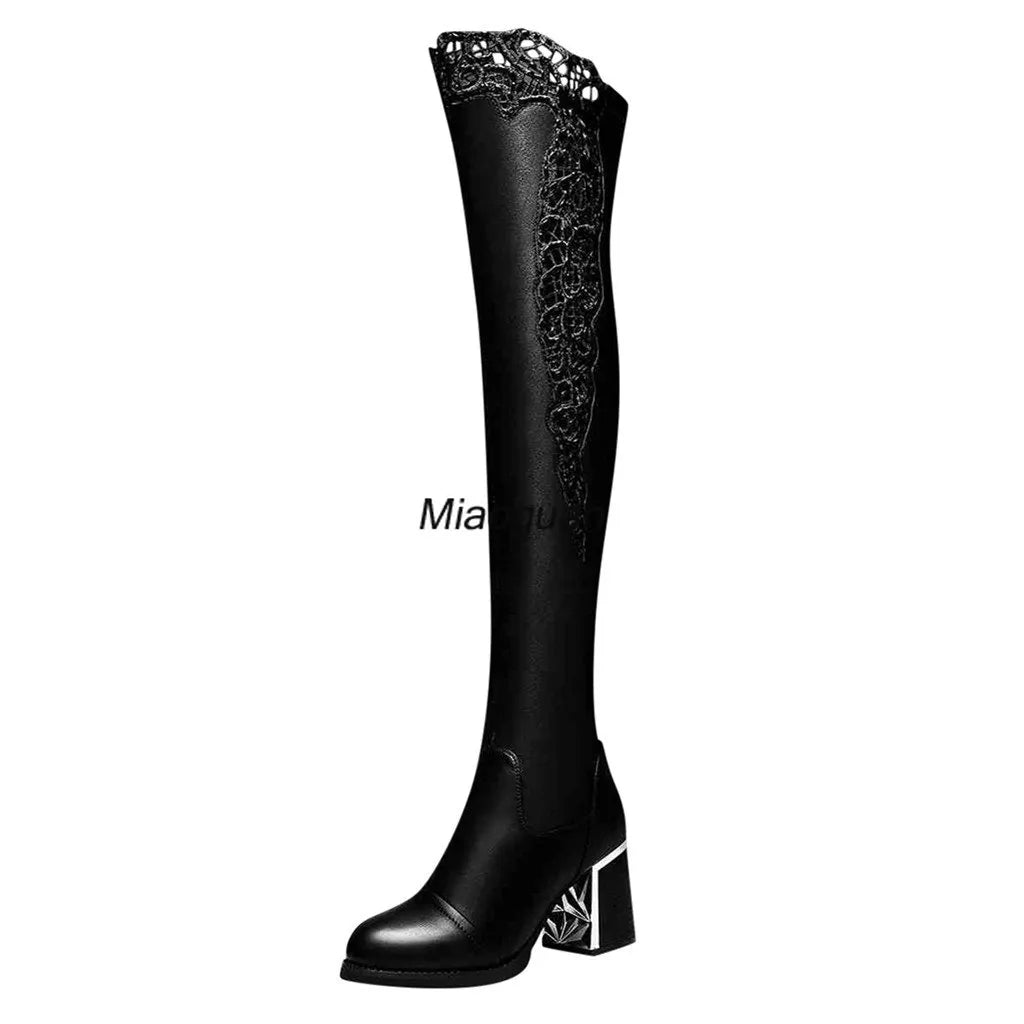 Women Embroidered Lace Knee Bare Boots Square High Heel Casual Long Tube Booties Lady Sexy Over Knee Thigh High Shoes Autumn New