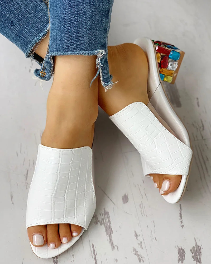 Women Fashion Casual Shoes Low Heel Sandals Colorblock Croc Embossed Rhinestone Chunky Heels