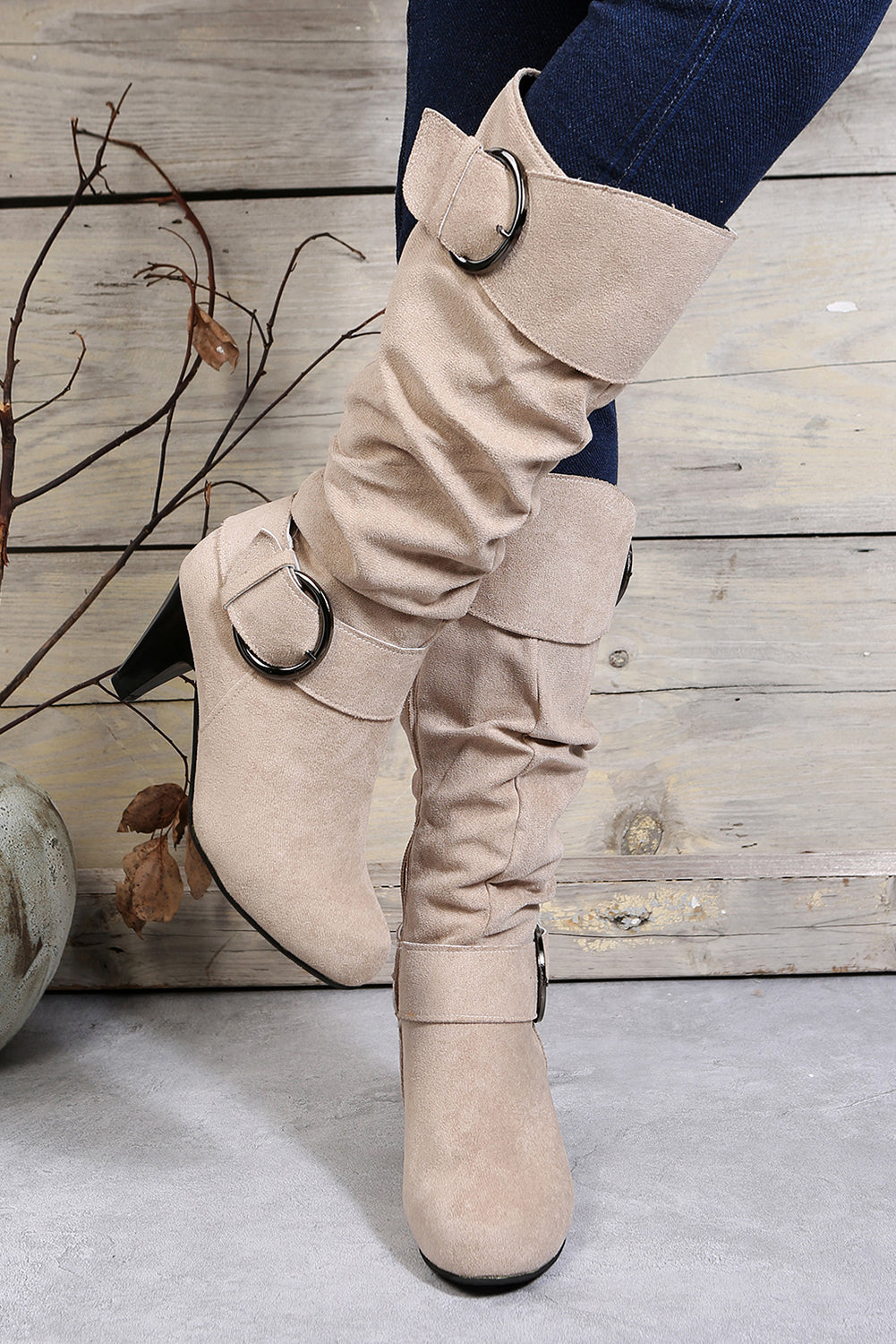 Chestnut Pointed Toe Buckle Decor Zipper Heeled Boots