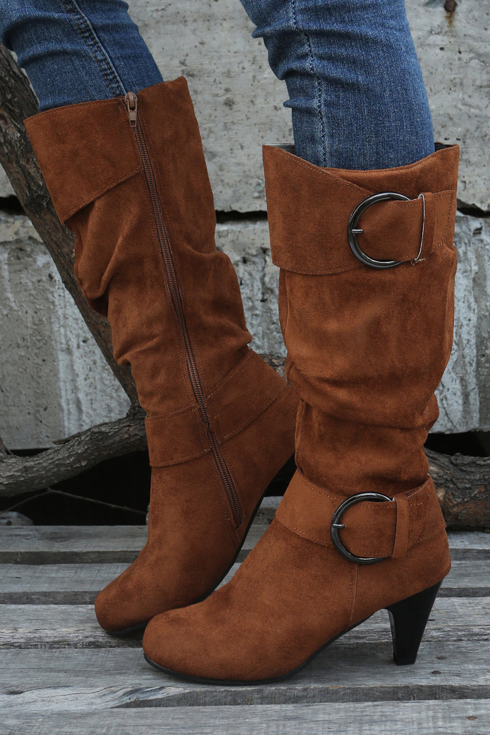 Chestnut Pointed Toe Buckle Decor Zipper Heeled Boots
