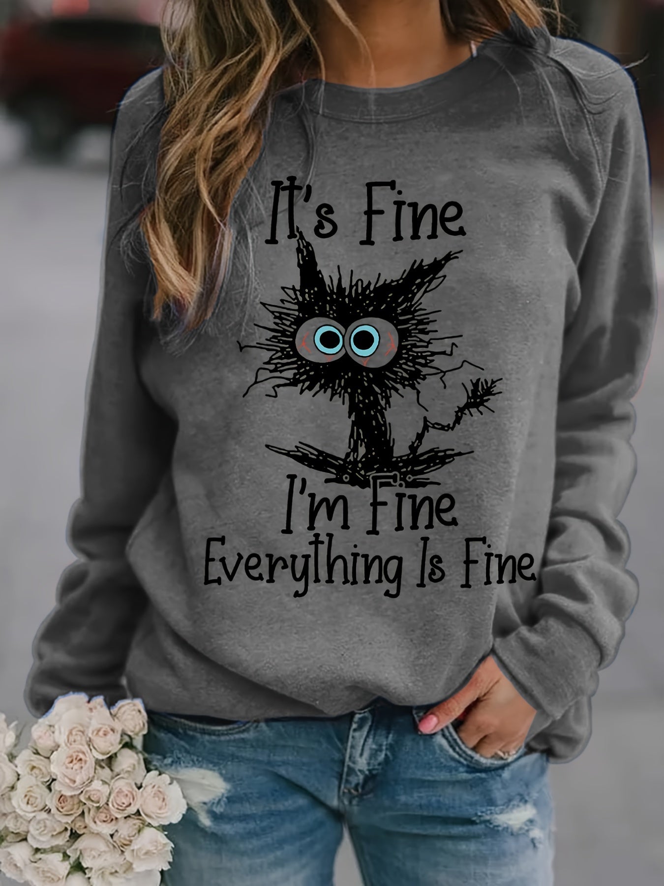 It's Fine Cartoon Cat Print Sweatshirt, Long Sleeve Crew Neck Casual Sweatshirt For Winter & Fall, Women's Clothing