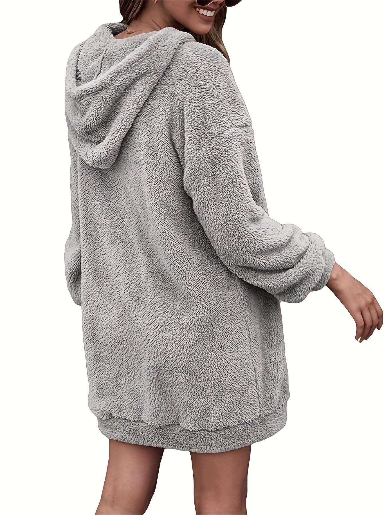 Fuzzy Long Length Hoodie, Casual Solid Long Sleeve Kangaroo Pocket Winter Sweatshirt, Women's Clothing