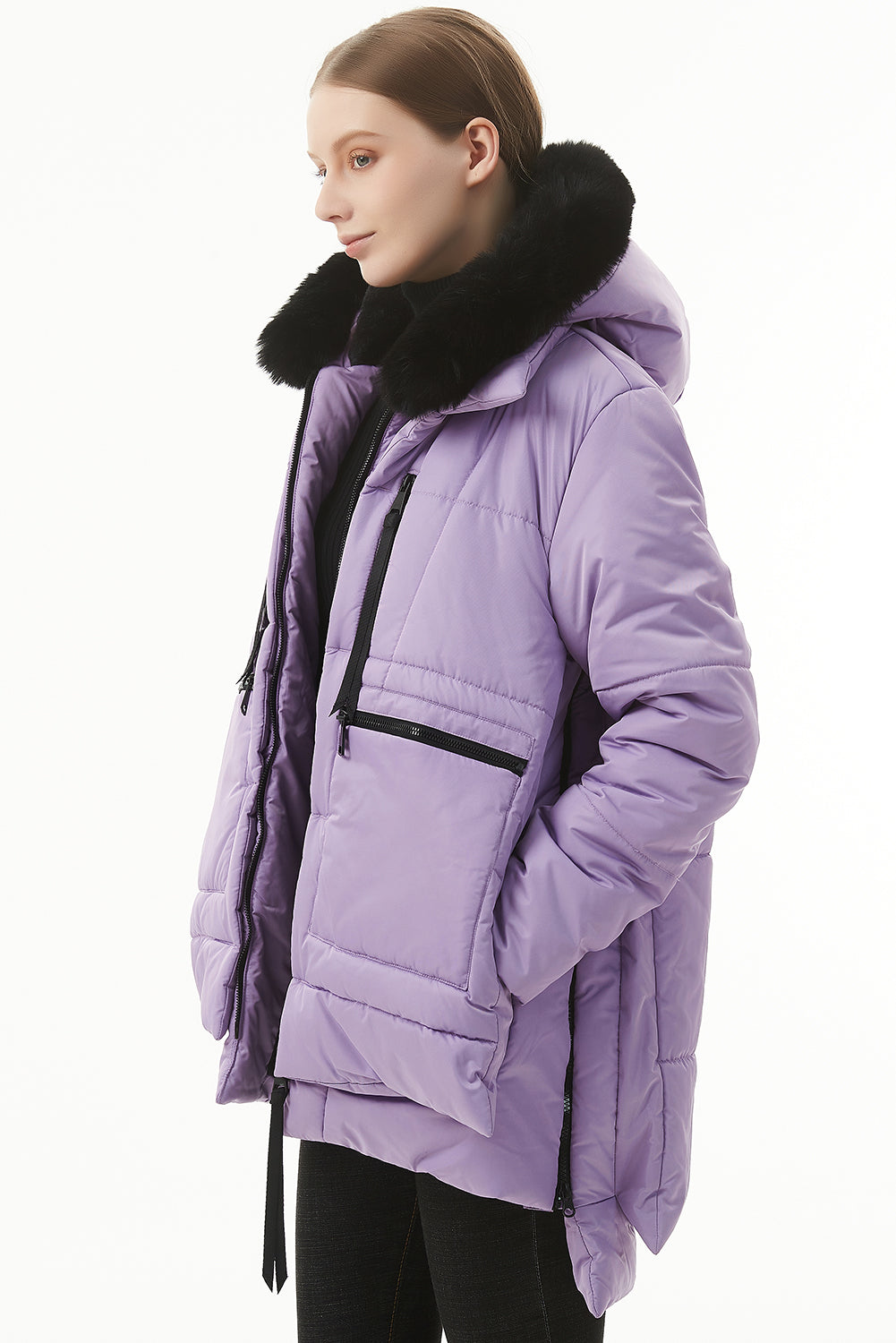 Beige Plush Linen Zip Up Hooded Puffer Coat