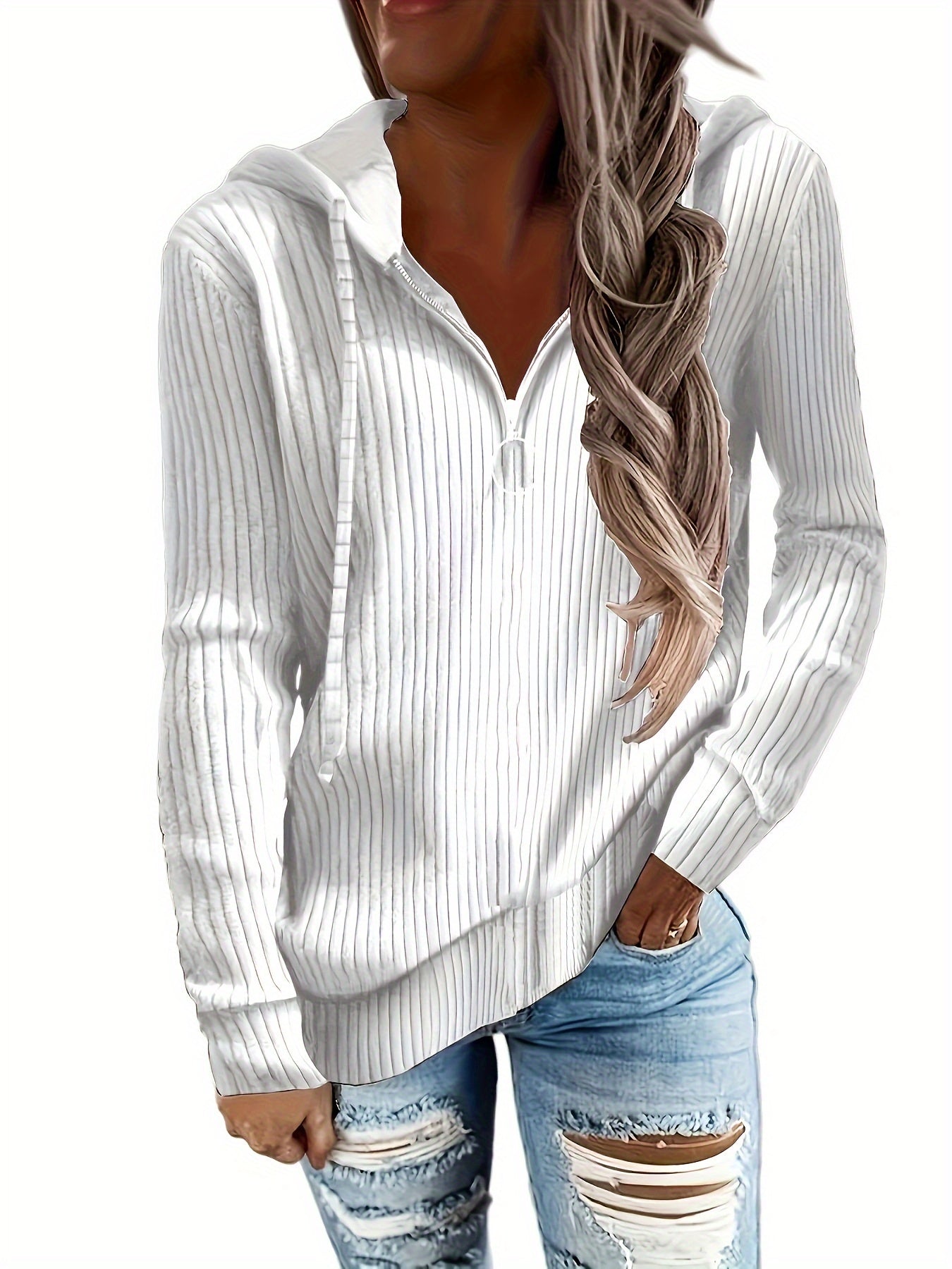Zip-up Pullover Drawstring Hoodie, Casual Long Sleeve Ribbed Hoodie Sweatshirt, Women's Clothing