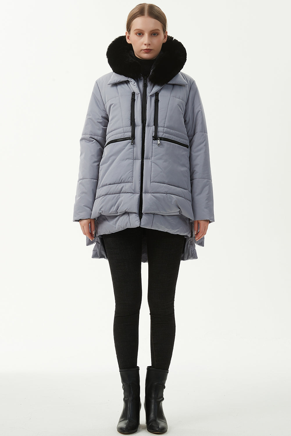 Beige Plush Linen Zip Up Hooded Puffer Coat