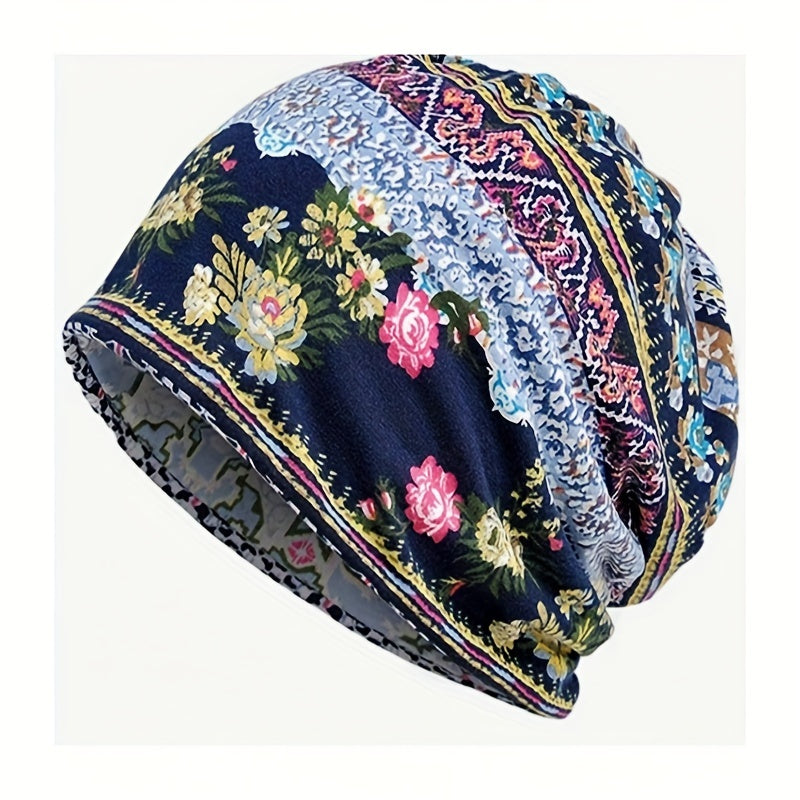Vintage Floral Print Beanie Boho Coldproof Warm Knit Hat Casual Headband Elastic Skull Cap Chemo Hats For Autumn & Winter