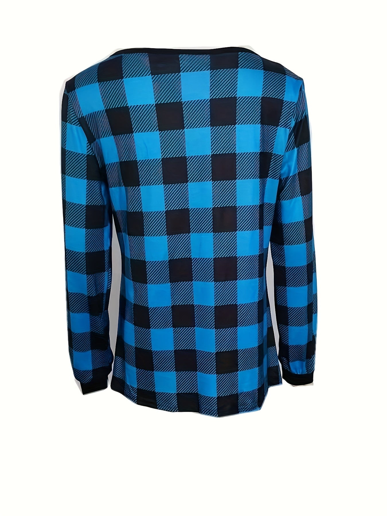 Plaid Print Notch Neck Button T-Shirt, Casual Long Sleeve T-Shirt For Spring & Fall, Women's Clothing