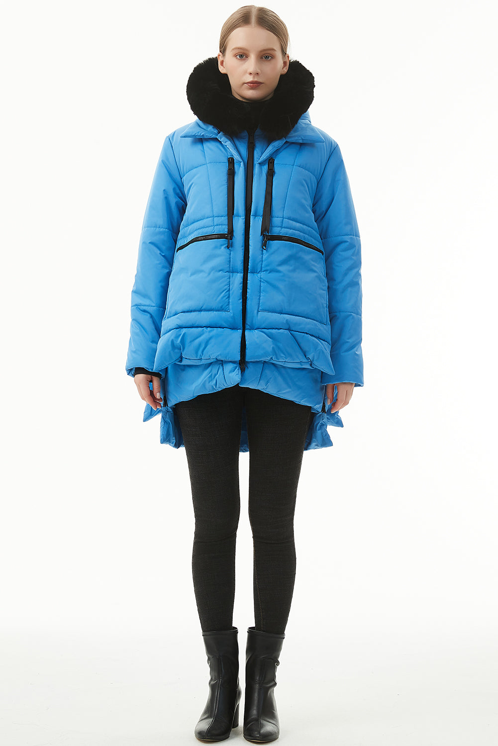 Beige Plush Linen Zip Up Hooded Puffer Coat