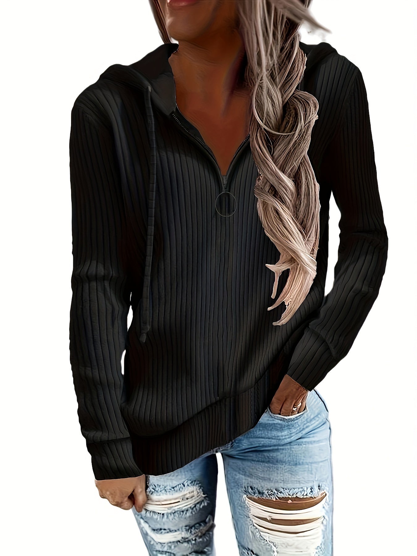 Zip-up Pullover Drawstring Hoodie, Casual Long Sleeve Ribbed Hoodie Sweatshirt, Women's Clothing