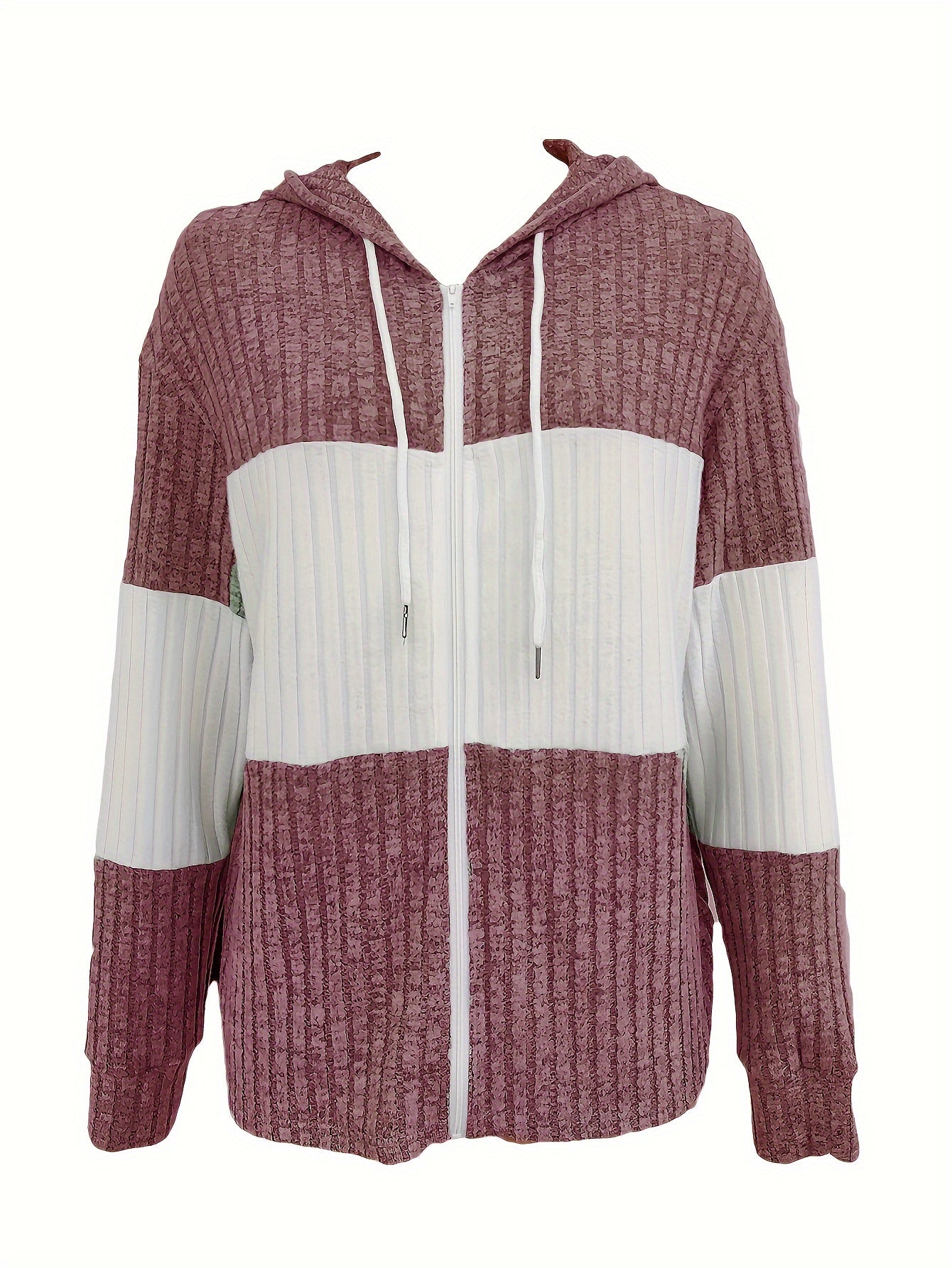 Color Block Zip Up Drawstring Hoodie, Casual Long Sleeve Rib Knit Sweatshirt, Women's Clothing