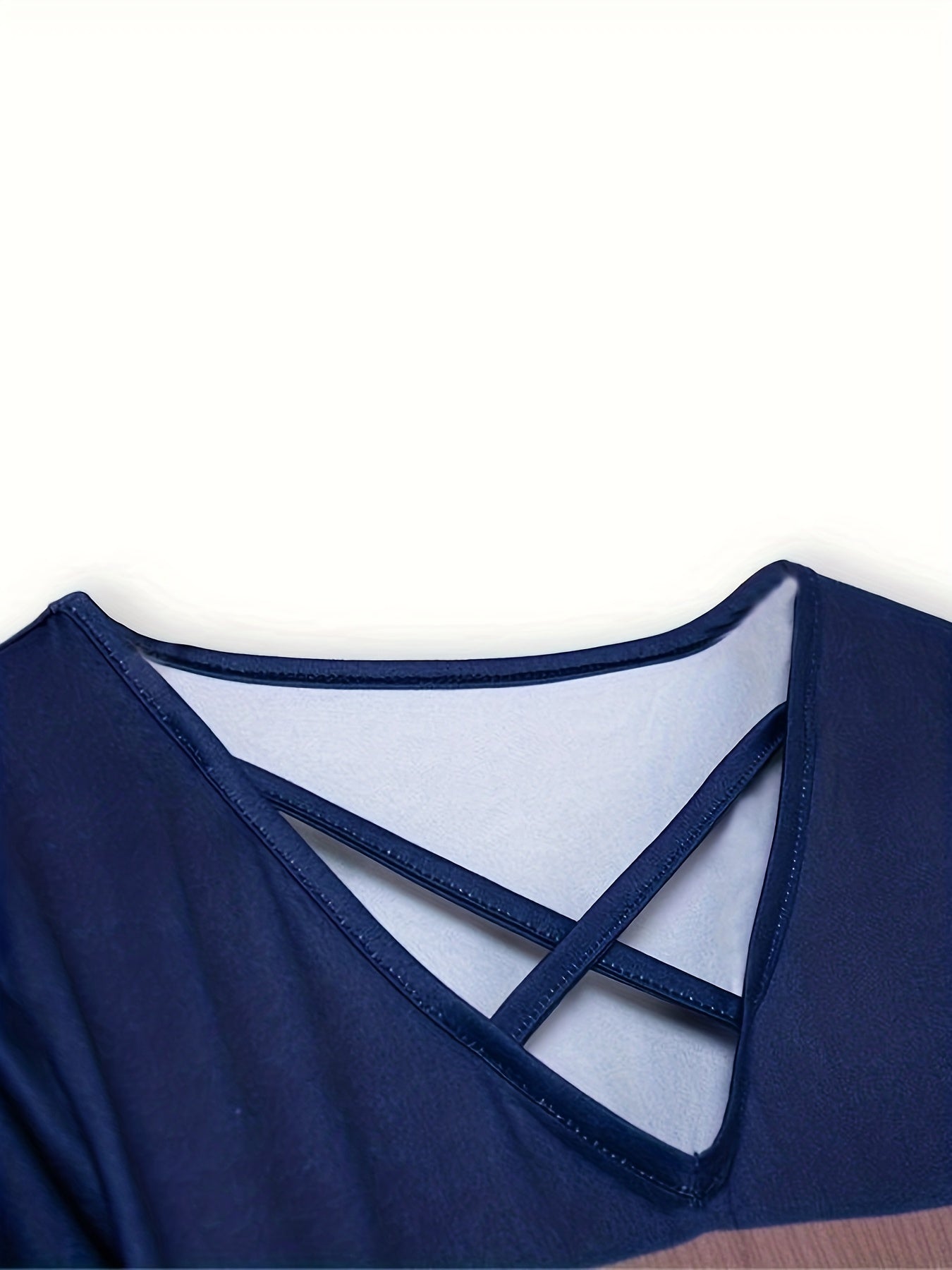 Lace Stitching Colorblock Cross Front T-Shirt, Casual Long Sleeve Top For Spring & Fall, Women's Clothing