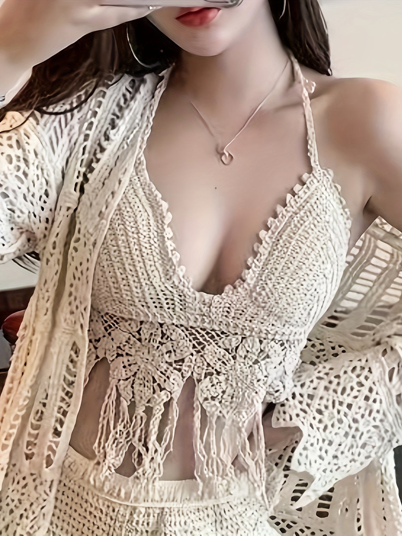 Floral Crochet Fringe Plain Scallop Trim Boho Beach Top, Halter Backless Hollow Out Paddings Top, Women's Swimwear & Clothing