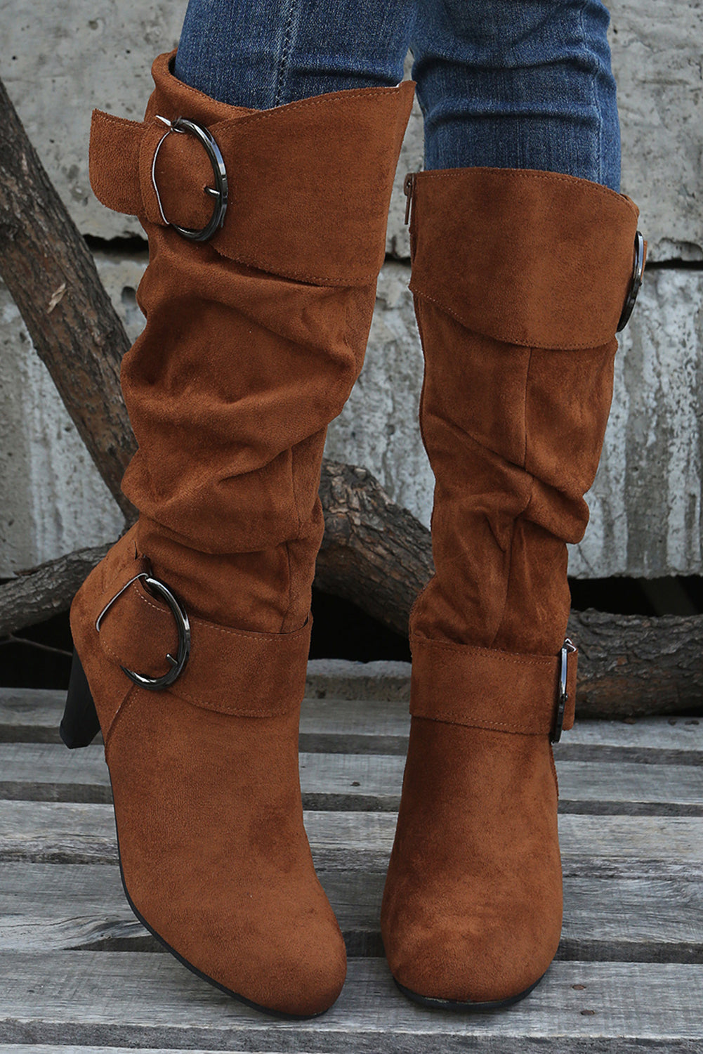 Chestnut Pointed Toe Buckle Decor Zipper Heeled Boots