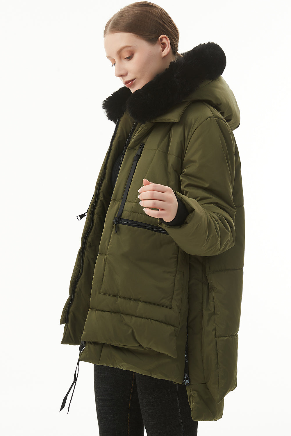 Beige Plush Linen Zip Up Hooded Puffer Coat