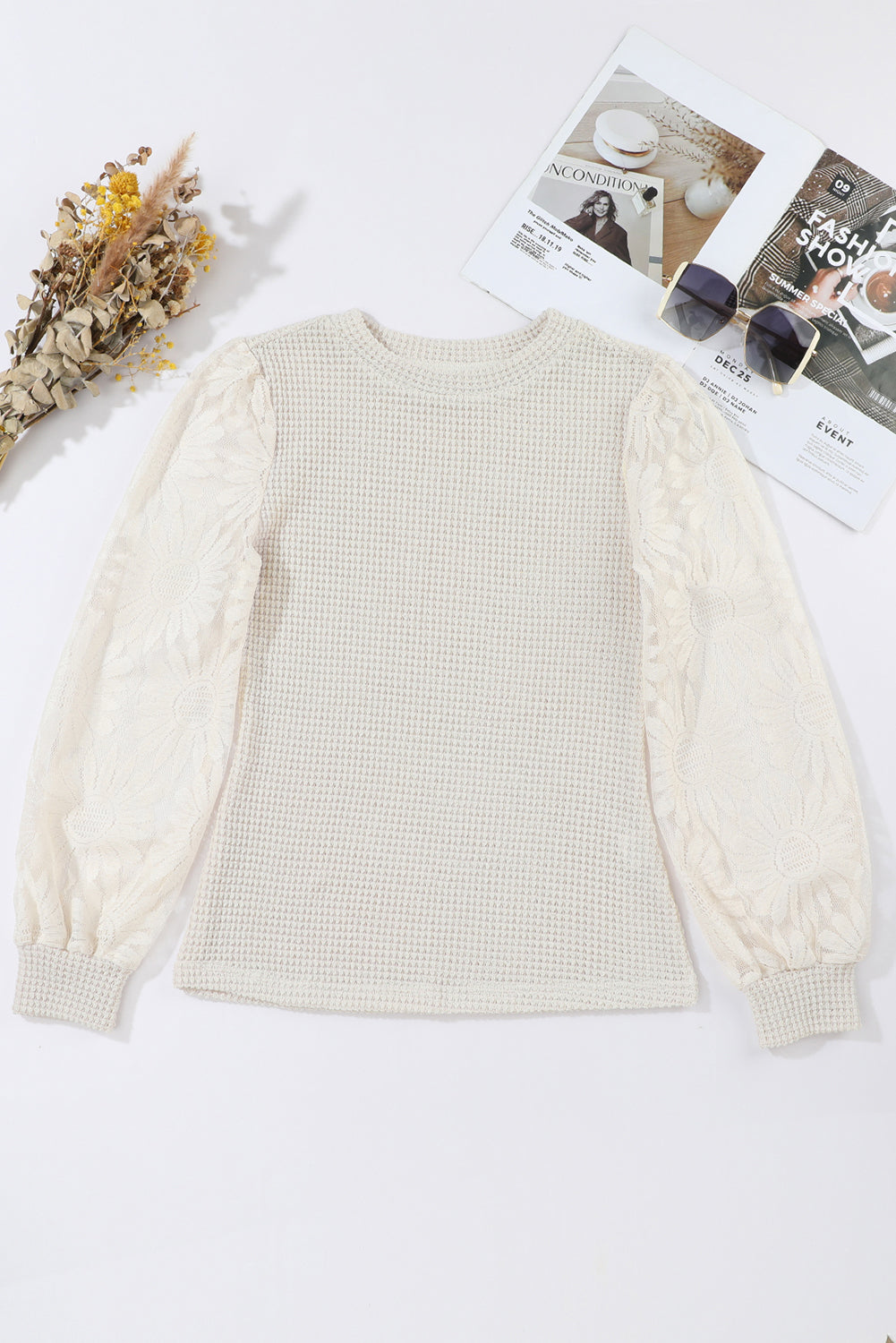 Peach Blossom Sunflower Mesh Bubble Sleeve Waffle Knit Top