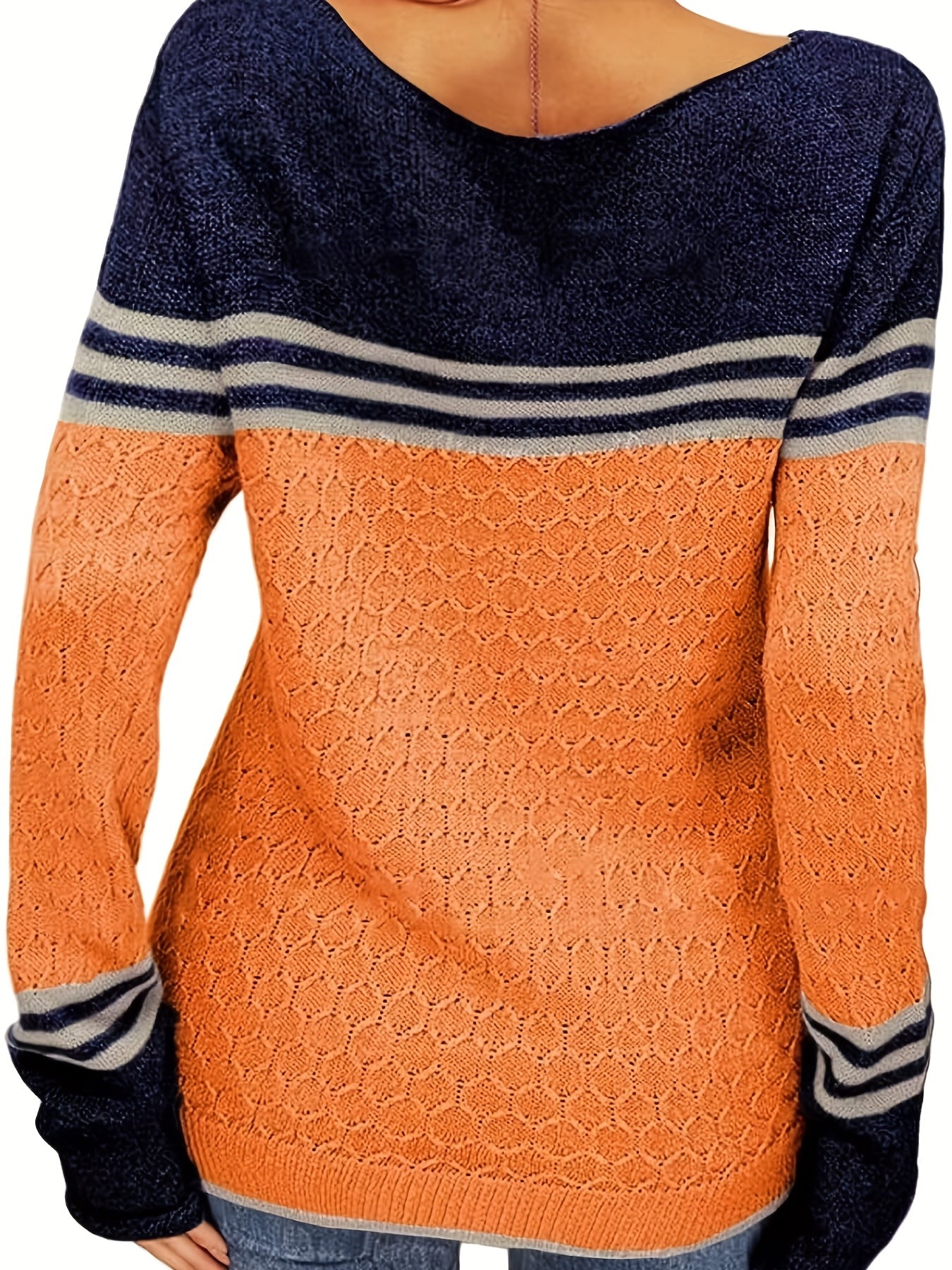 Color Block Boat Neck Pullover Sweater, Casual Long Sleeve Sweater For Fall & Winter, Women's Clothing