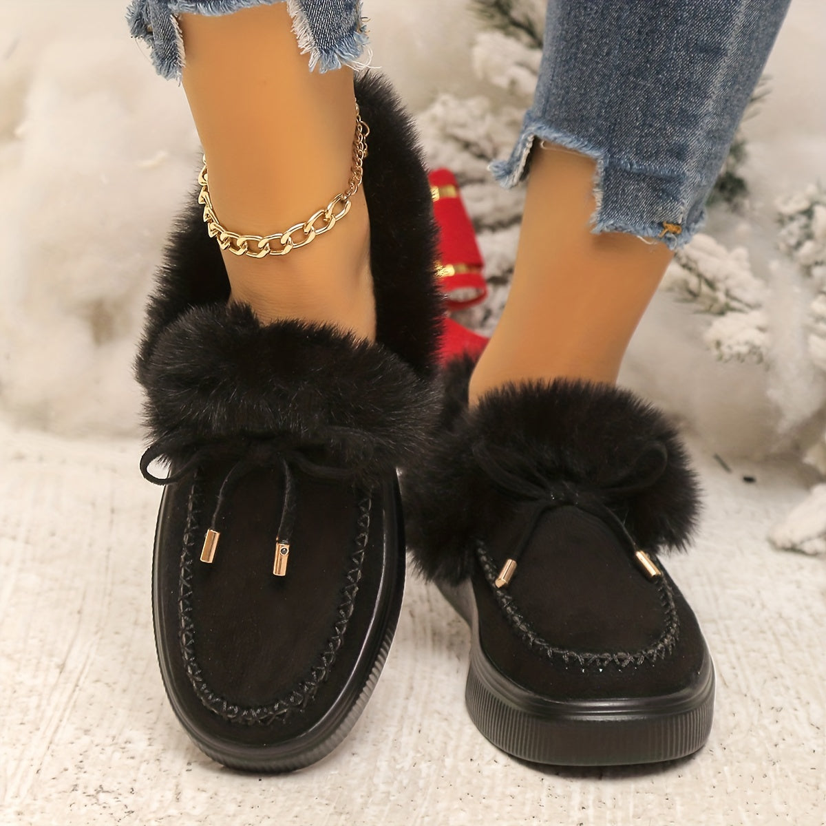 Women's Fluffy Furry Snow Boots, Solid Color Bowknot Plush Lined Ankle Boots, Winter Warm Flat Fuzzy Short Boots