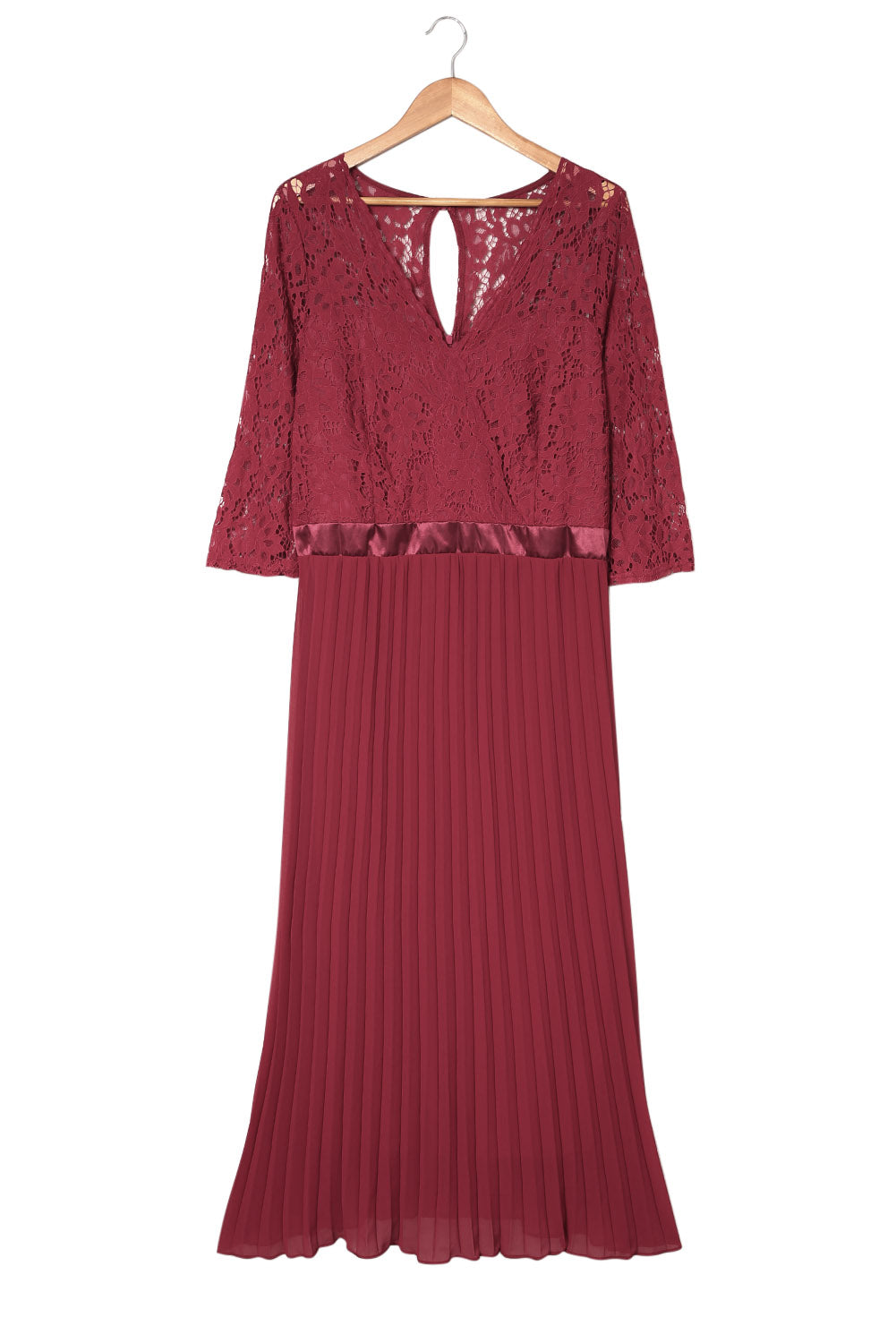 Vestido largo encaje festoneado cuello en V mangas 3/4 tul plisado plus rojo fuego
