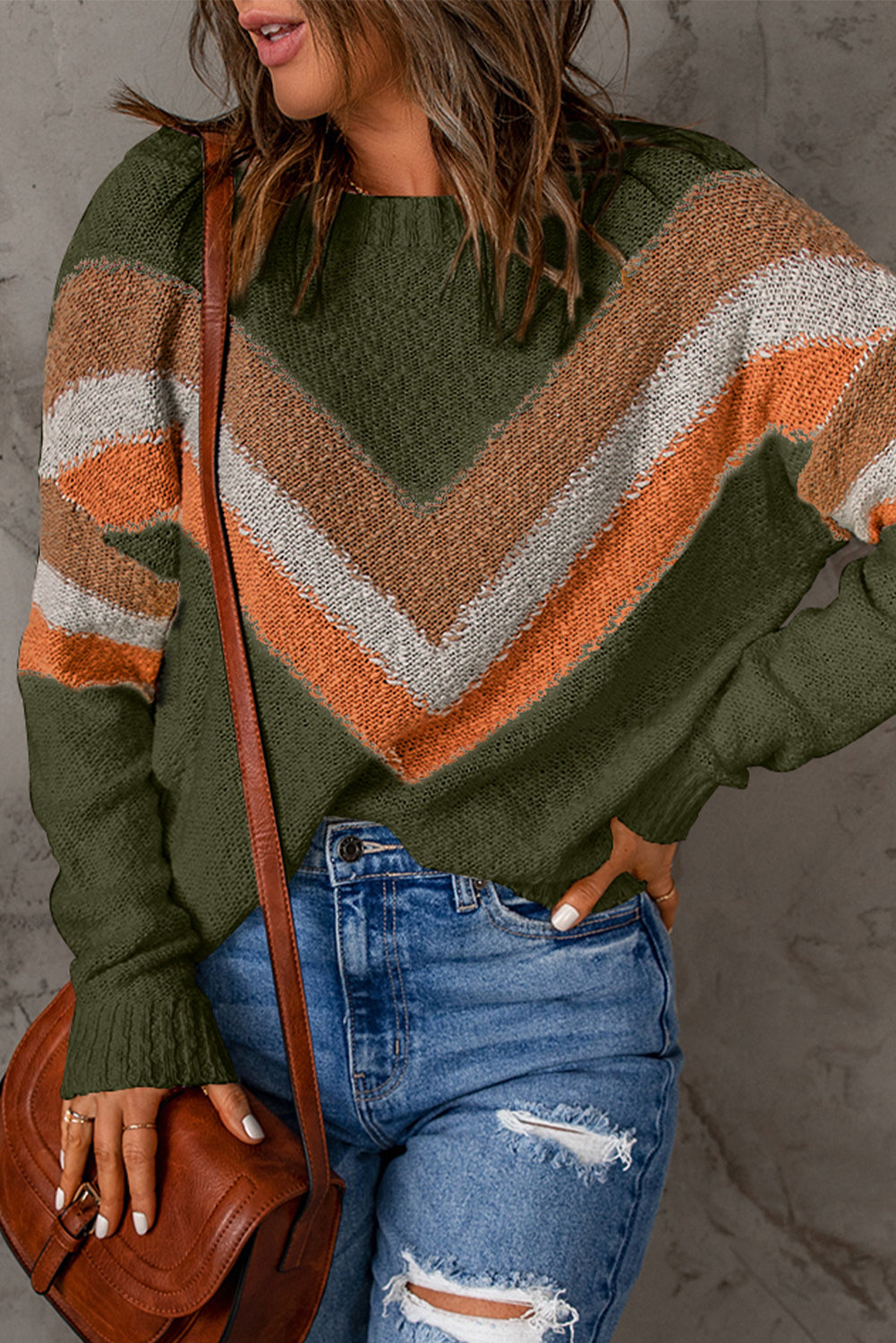 Black Chevron Striped Drop Shoulder Sweater
