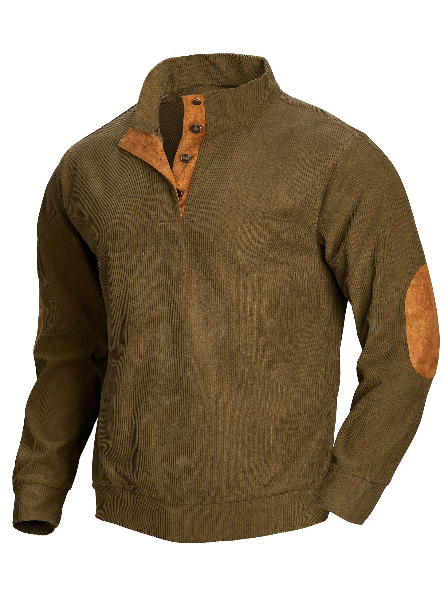Ribbed Men's Casual Retro Stand Collar Thick Long Sleeve Henry Shirt, Fall Winter