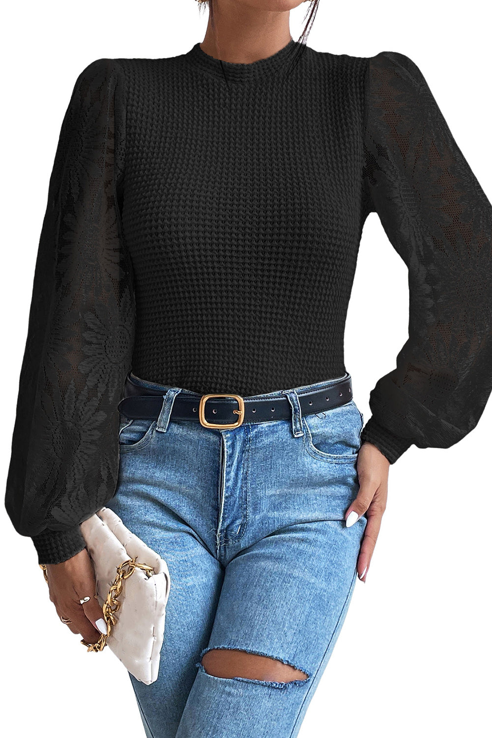 Peach Blossom Sunflower Mesh Bubble Sleeve Waffle Knit Top