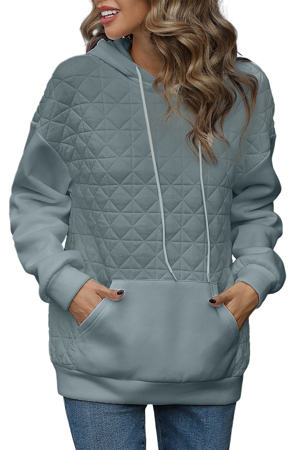 Beige Drop Shoulder Quilted Patchwork Kangaroo Pocket Hoodie