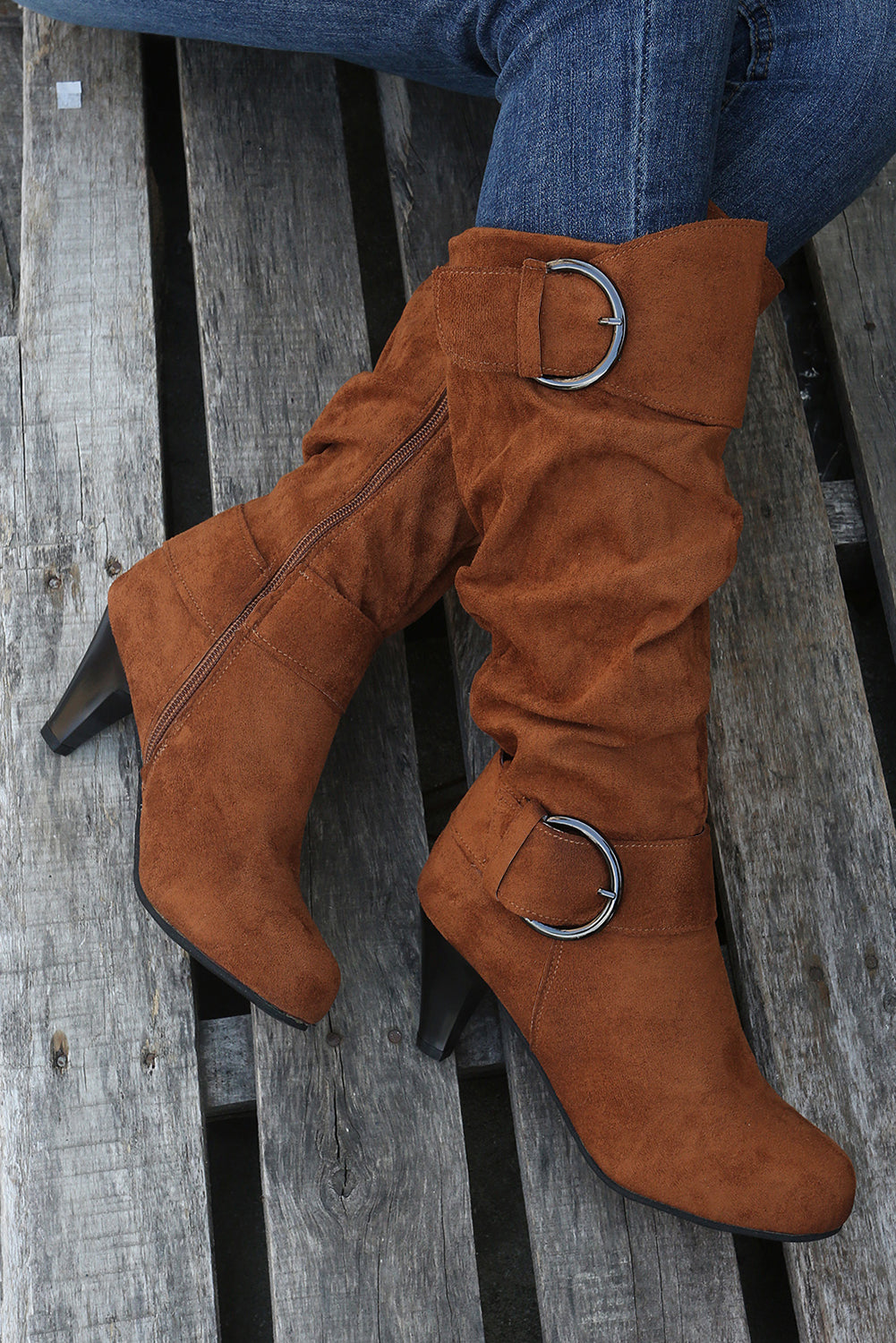 Chestnut Pointed Toe Buckle Decor Zipper Heeled Boots