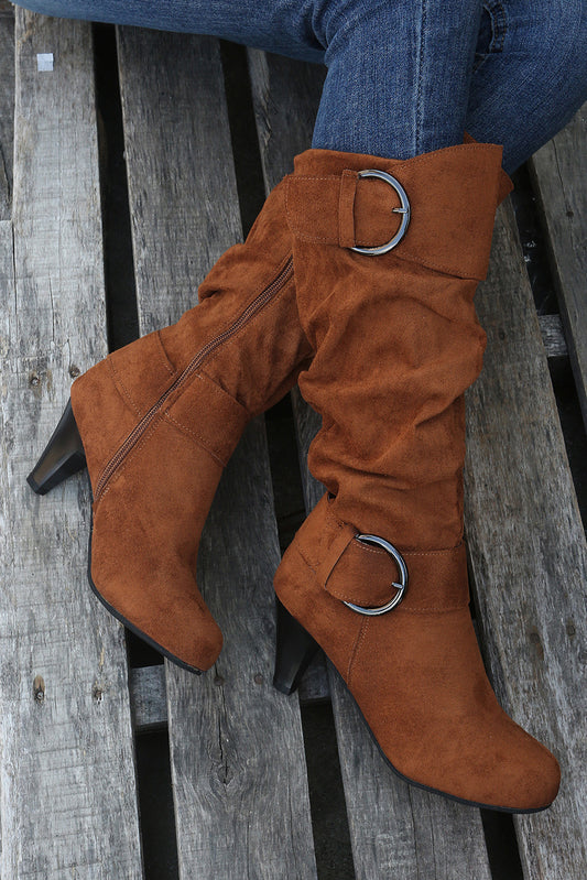 Chestnut Pointed Toe Buckle Decor Zipper Heeled Boots