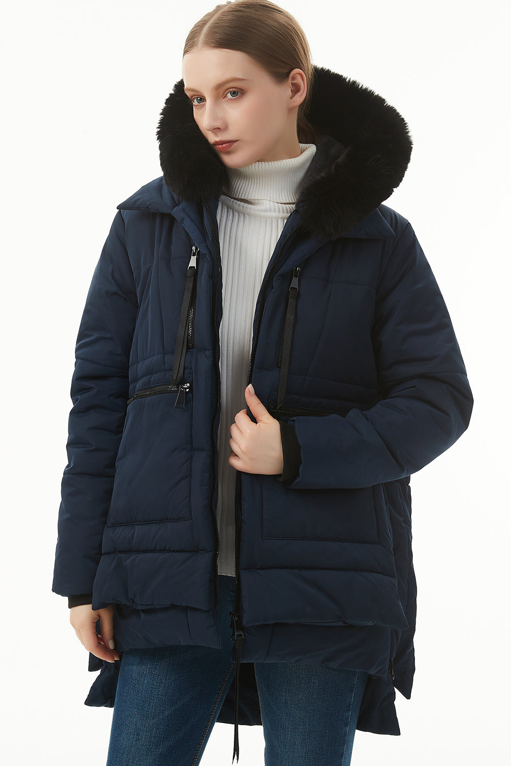 Beige Plush Linen Zip Up Hooded Puffer Coat