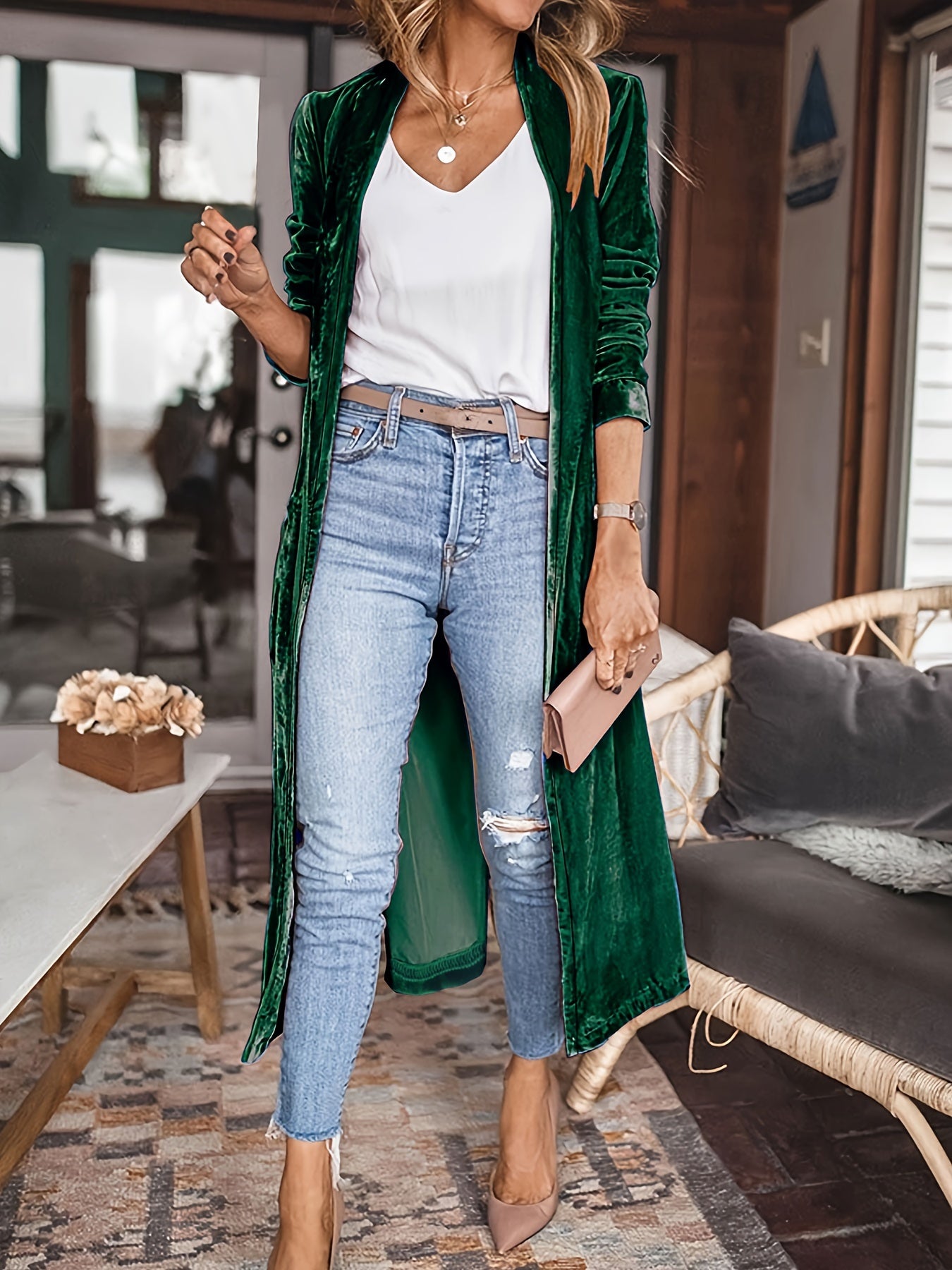 Solid Velvet Open Front Cardigan, Versatile Long Sleeve Outwear For Fall & Winter, Women's Clothing