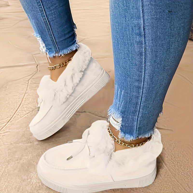 Women's Fluffy Furry Snow Boots, Solid Color Bowknot Plush Lined Ankle Boots, Winter Warm Flat Fuzzy Short Boots
