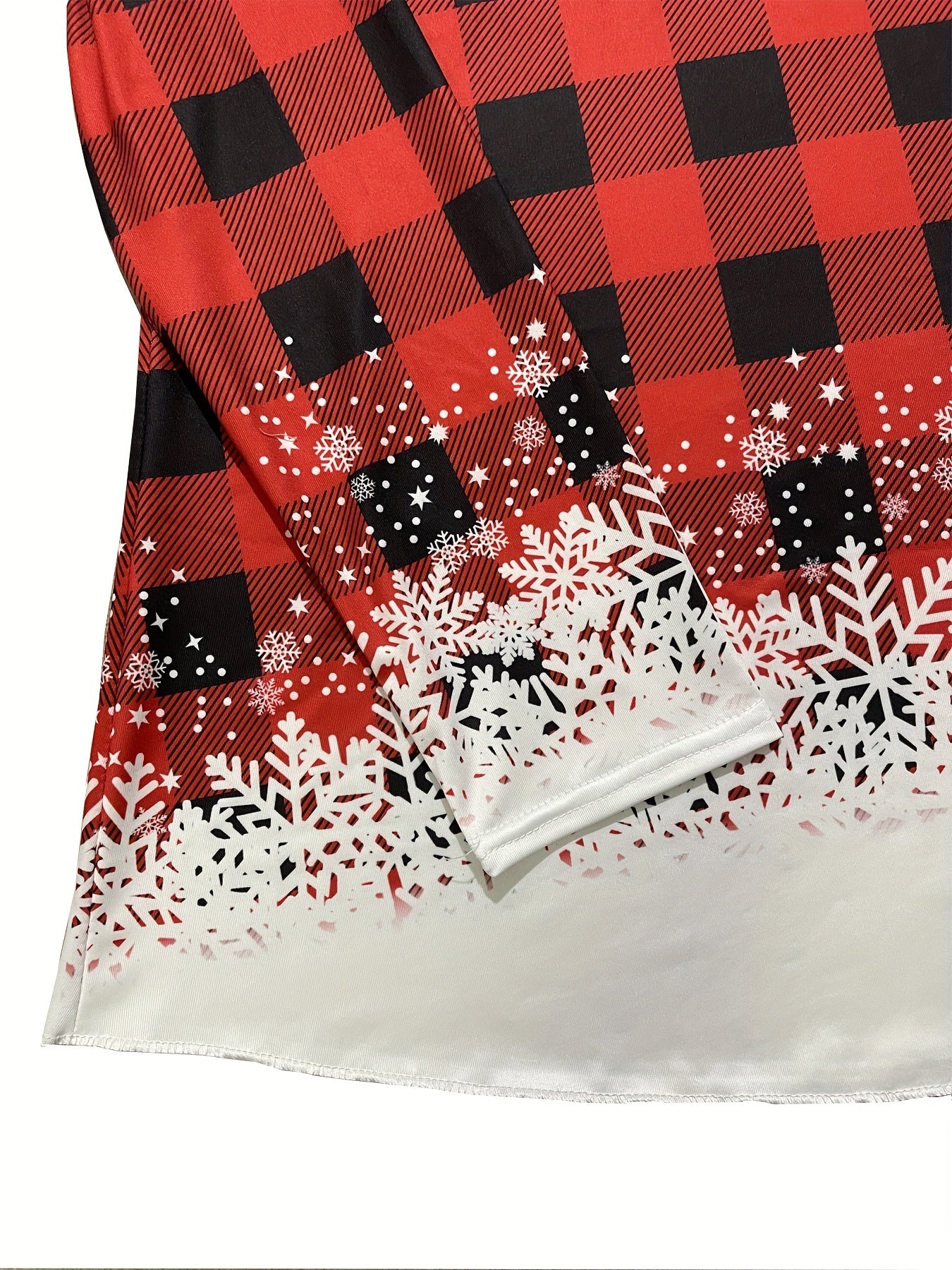 Snowflake & Plaid Print V Neck T-Shirt, Casual Long Sleeve Top For Spring & Fall, Women's Clothing
