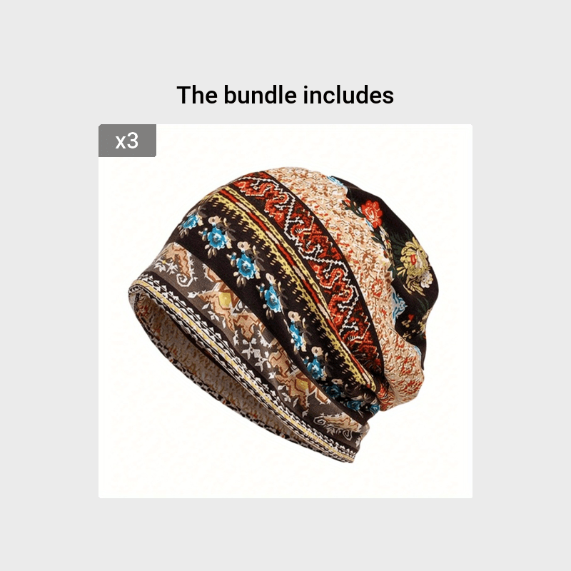 Vintage Floral Print Beanie Boho Coldproof Warm Knit Hat Casual Headband Elastic Skull Cap Chemo Hats For Autumn & Winter