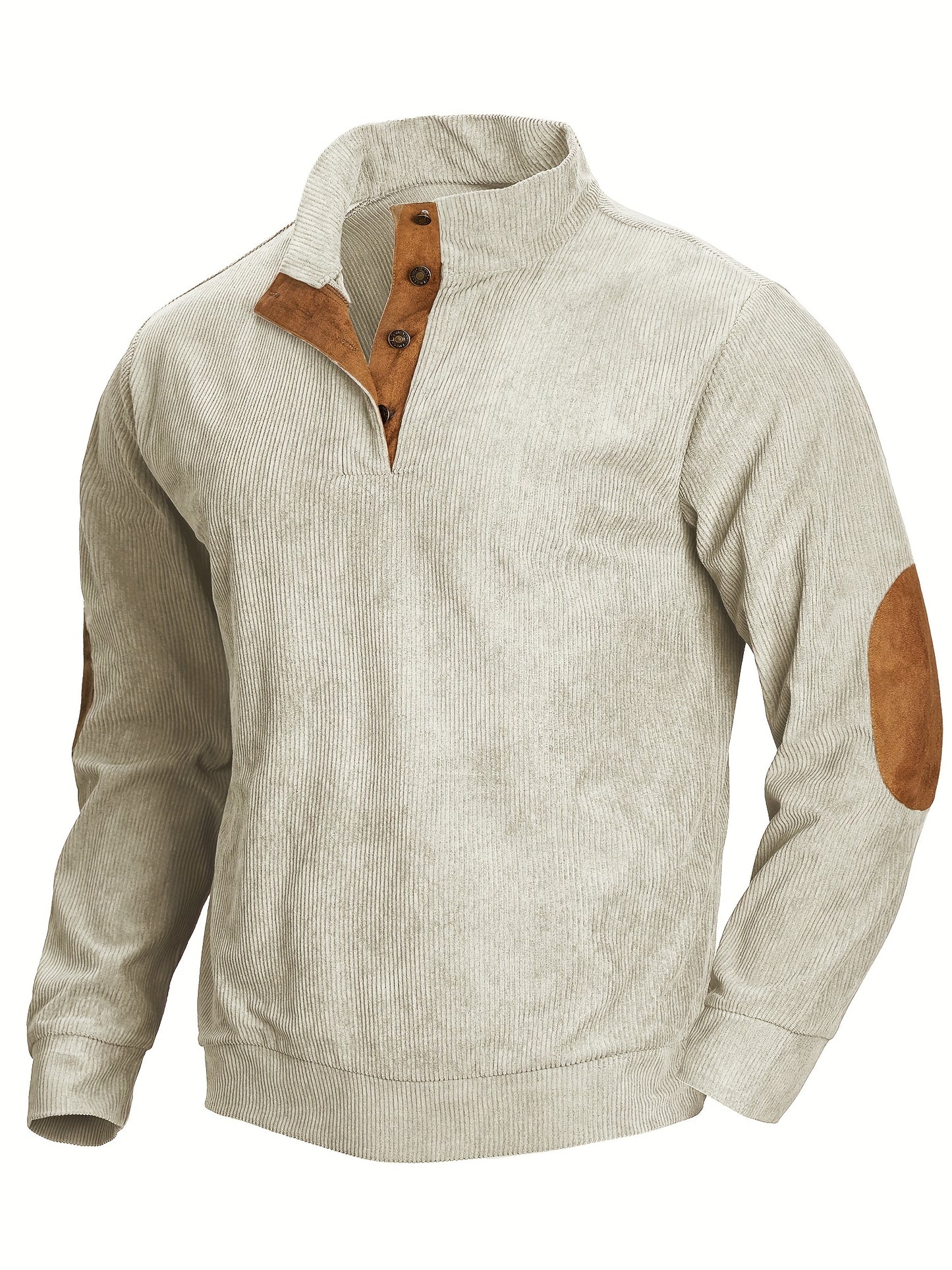 Ribbed Men's Casual Retro Stand Collar Thick Long Sleeve Henry Shirt, Fall Winter