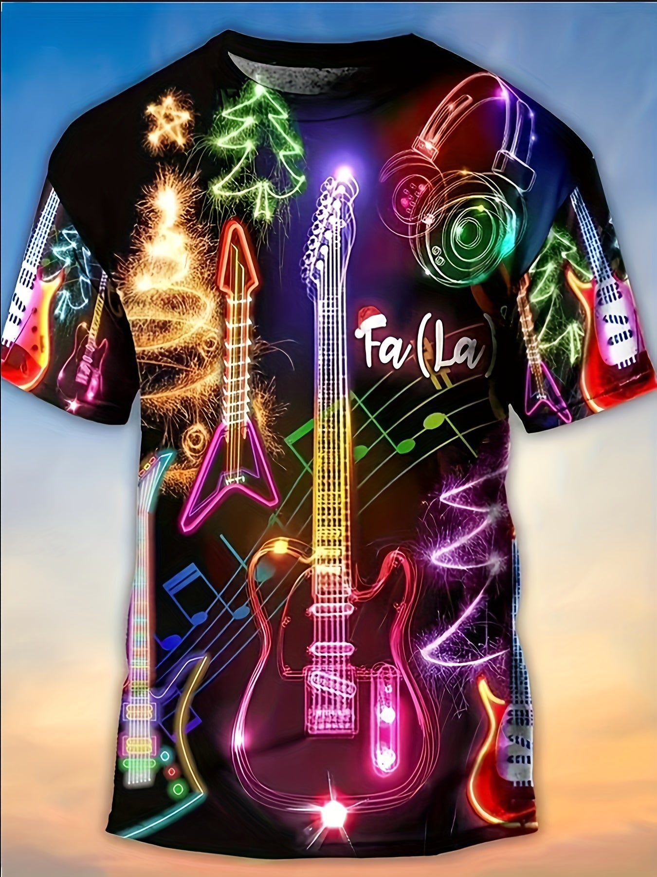 Men's Stylish Guitar Pattern Shirt, Casual Slightly Stretch Breathable Crew Neck Short Sleeve Tee Top For City Walk Street Hanging Outdoor Activities