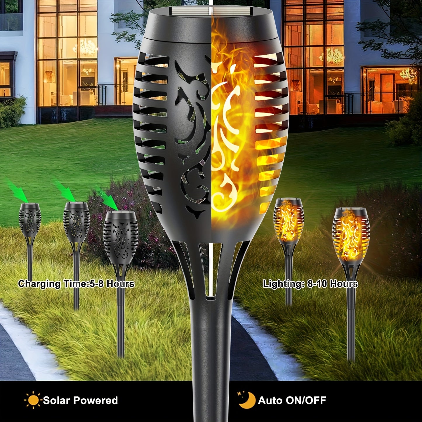 4/8/12pcs/pack Solar Halloween Decorations Lights Outdoor, Light Control, 12LED Solar Torch Lights With Flickering Flame For Garden Decor, Mini IP65 Waterproof Landscape Flame Lights For Yard Pathway Patio Pool - Auto On/Off