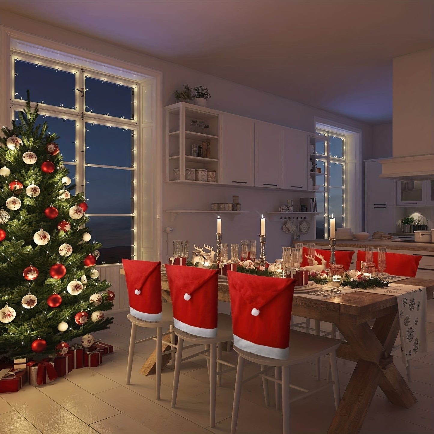 4pcs Christmas Chair Covers Decor, Santa Claus Red Hat Snowflake Chair Xmas Cap, Kitchen Dining Chair Slipcovers Sets For Christmas Holiday Festive Decorations (Red Santa)