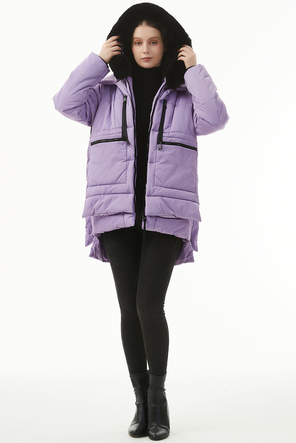 Beige Plush Linen Zip Up Hooded Puffer Coat